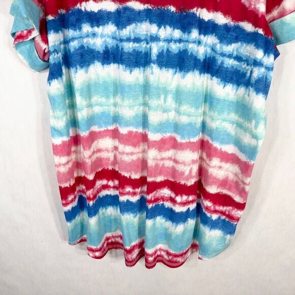 Woman Within Plus Size 1X 22W 24W Top Blue Red Tie Dye Striped V‎ Neck 1652 - Picture 7 of 9